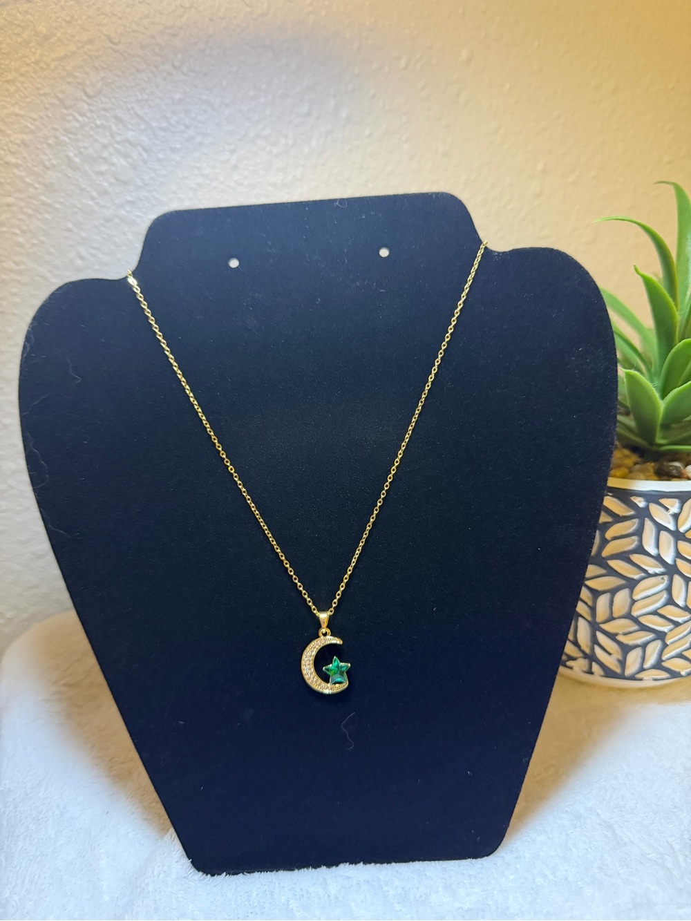 Gold Crescent Moon Necklace with Green Star Pendant